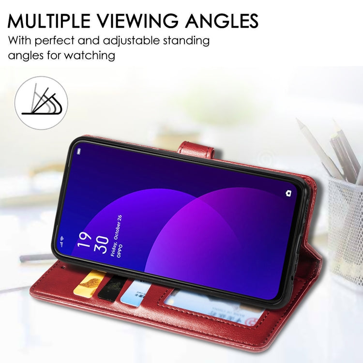 Red leather wallet phone case with card slots and camera cutout