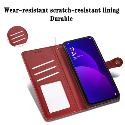 Red leather flip phone case with card slot window and camera opening