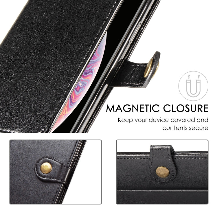 Black leather flip phone case with magnetic closure and round snap button