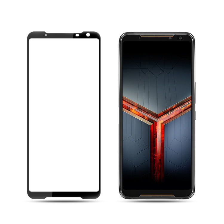 Tempered glass screen protector for Asus ROG Phone II, clear panel and phone front view