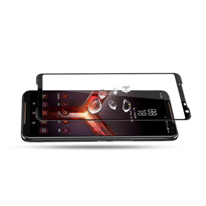 Tempered glass screen protector on Asus ROG Phone II, clear glass with device cutouts