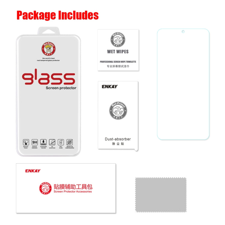 ENKAY screen protector package includes protector, wipes, dust absorber, and cloth