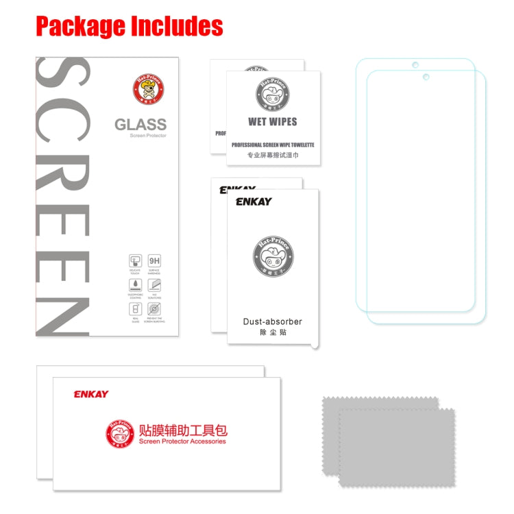 Screen protector kit package with wet wipes, dust-absorber, cloth, and glass film