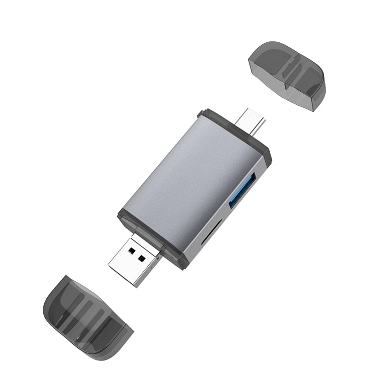 Silver USB-C and USB card reader adapter with blue USB port and black protective caps