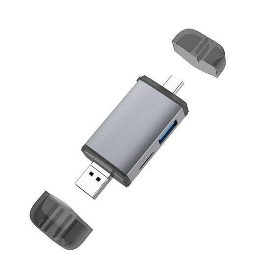 Silver USB-C and USB card reader adapter with blue USB port and black protective caps