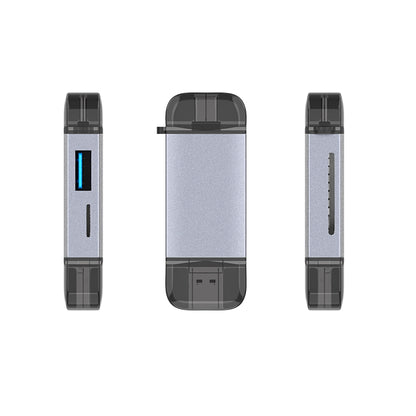Compact USB-C and Micro USB OTG card reader shown from multiple side views