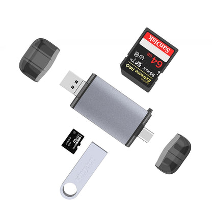 USB-C OTG card reader with display label, white keyring, and black end covers