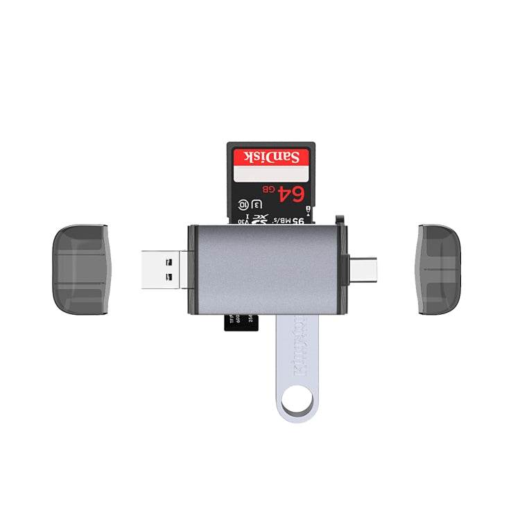 USB OTG card reader with screen label, white keyring loop, and side ports