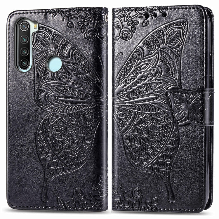 Black embossed leather-style flip phone case with butterfly flower pattern for Redmi Note 8