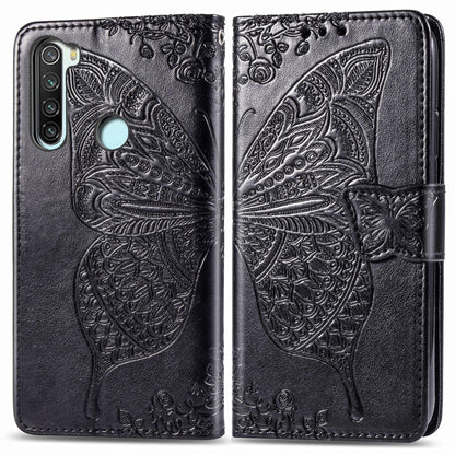 Black embossed leather-style flip phone case with butterfly flower pattern for Redmi Note 8