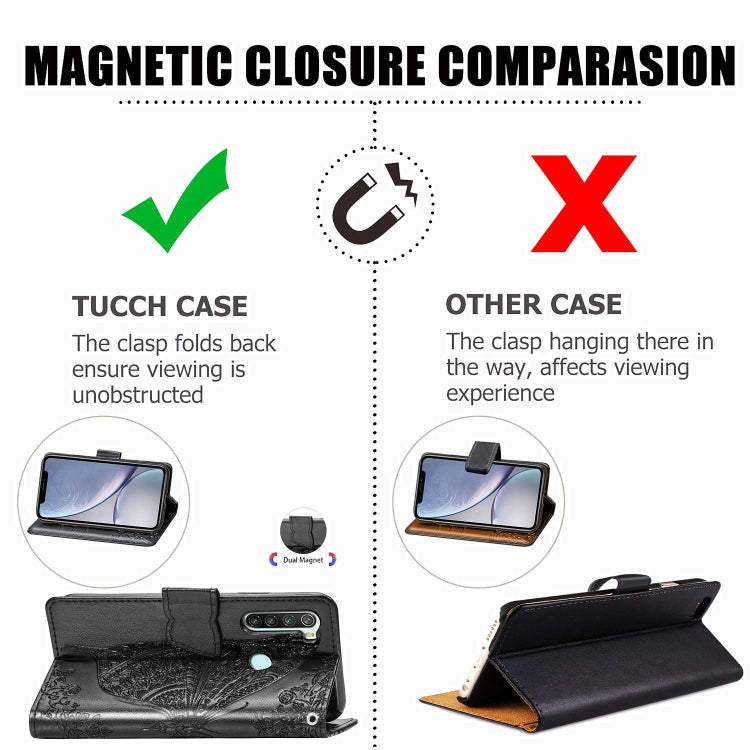 Black embossed butterfly flip wallet phone case with secure magnetic closure