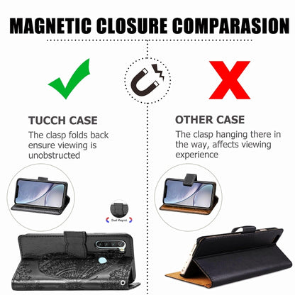 Black embossed butterfly flip wallet phone case with secure magnetic closure
