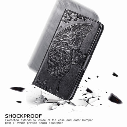 Black embossed leather-style flip phone case with butterfly flower design, impact-protection scene