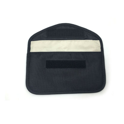 Cell phone shielding pouch, dark fabric with beige top panel and mesh front pocket