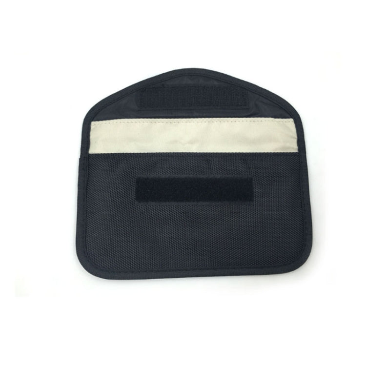 Cell phone shielding pouch, dark mesh front with beige band and rectangular central patch