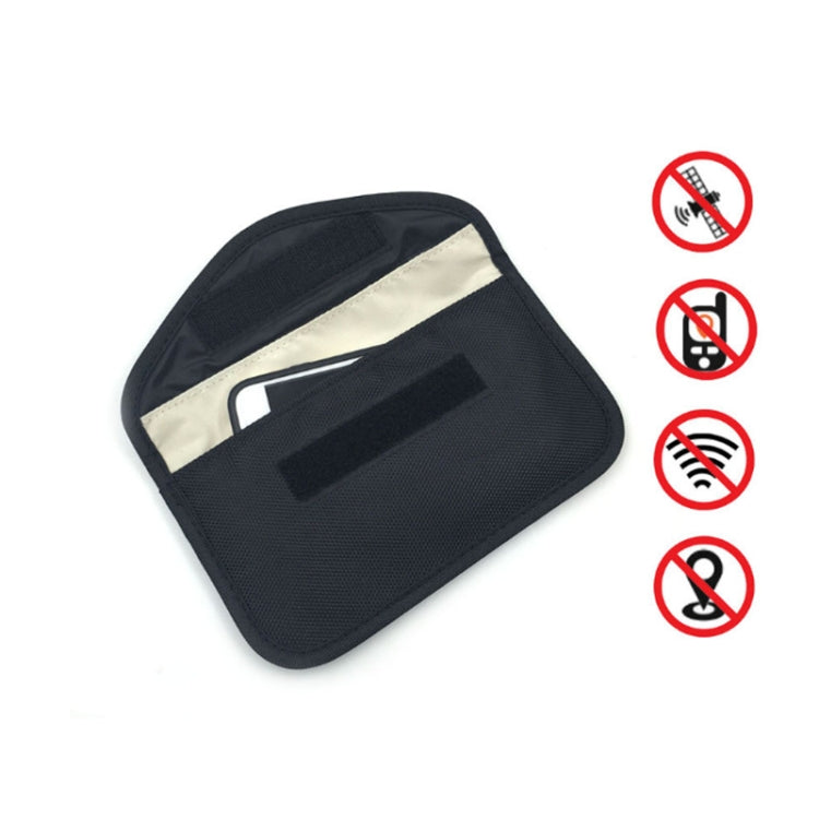 Cell phone shielding pouch open, with phone slot and dark mesh interior panel