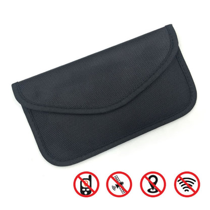 Cell phone shielding pouch with curved flap and textured dark exterior