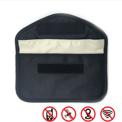 Cell phone shielding pouch, dark mesh front with beige stripe and rectangular label pocket