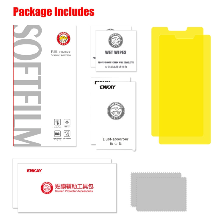 Screen protector package contents with cleaning wipes, cloth, and accessories