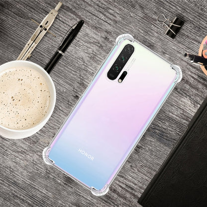 Transparent TPU phone case with four-corner anti-drop, lavender-to-blue back gradient.