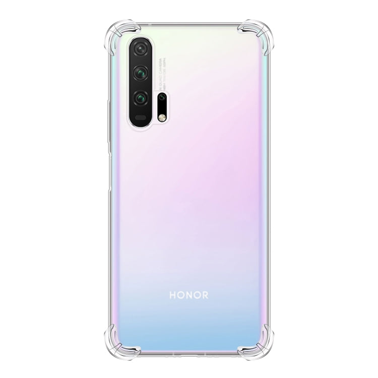 Transparent TPU phone case with four-corner bumpers and camera cutouts, clear back.