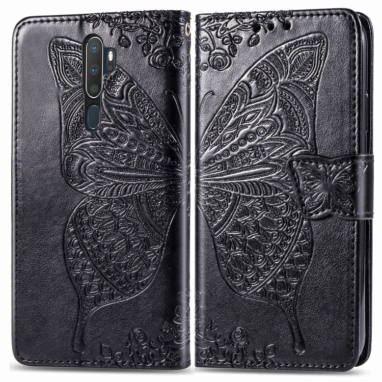 Black embossed leather flip wallet phone case with butterfly design and side card holder