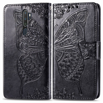 Black embossed leather flip wallet phone case with butterfly design and side card holder