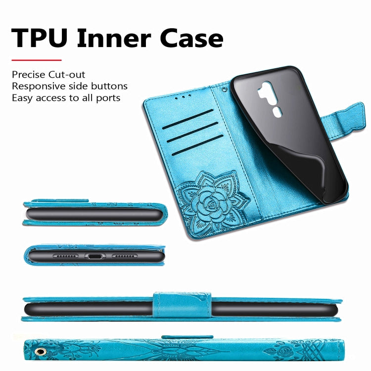 Blue embossed flip leather phone wallet case with card slots and side cutouts