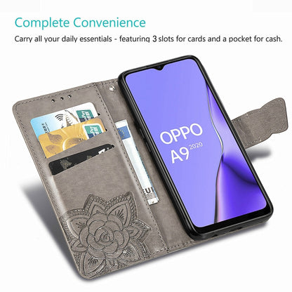 Gray embossed leather flip phone wallet case with card slots and cash pocket opening