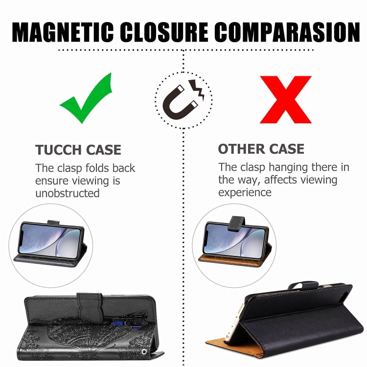 Black leather flip wallet phone case showing magnetic closure flap design