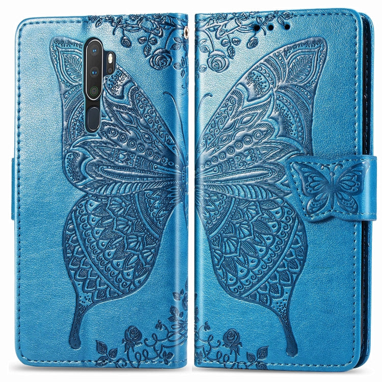 Blue embossed flip leather phone wallet case with butterfly detail and flip cover