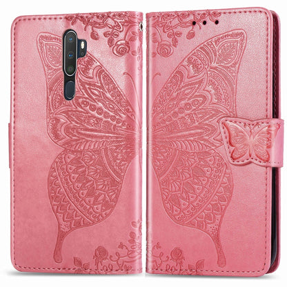 Pink embossed flip leather phone wallet case with butterfly detail and card slots