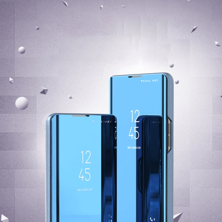 Blue flip phone case with mirror stand, showing open front view