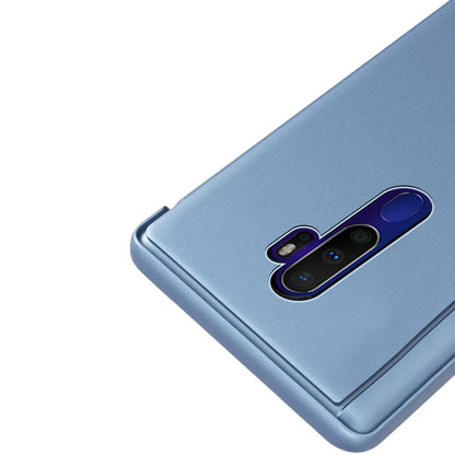 Blue flip phone case with dual camera cutout, folded stand and smooth edge