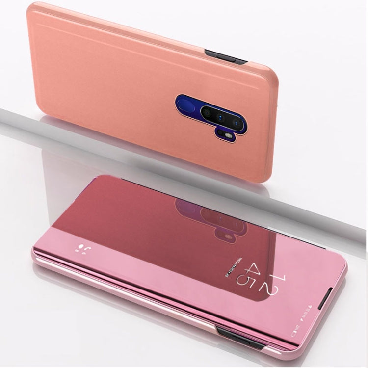 Rose pink flip phone case with mirror stand, horizontal opening, rear camera cutout
