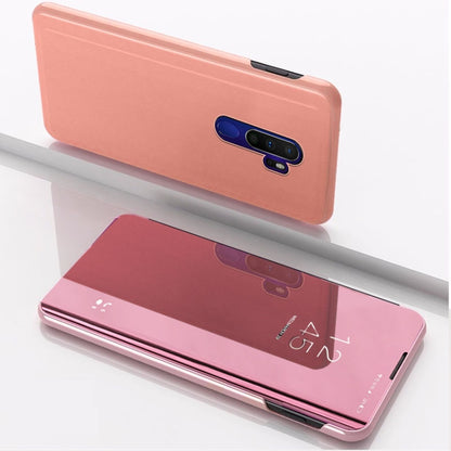 Rose pink flip phone case with mirror stand, horizontal opening, rear camera cutout