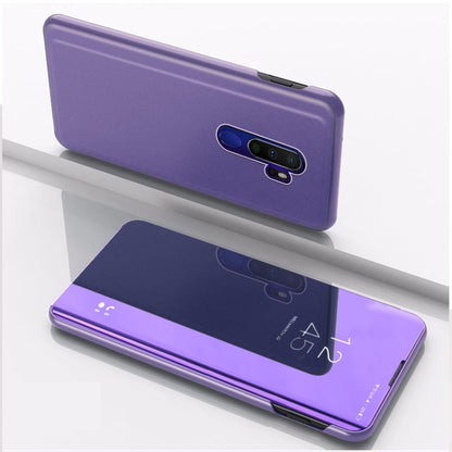 Purple mirror flip phone case with stand, camera cutout and reflective flip panel
