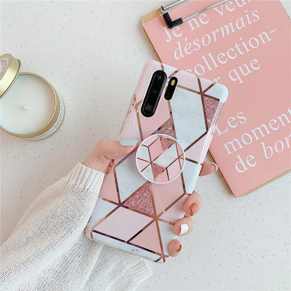 Pink geometric mosaic phone case with circular ring holder and folding bracket