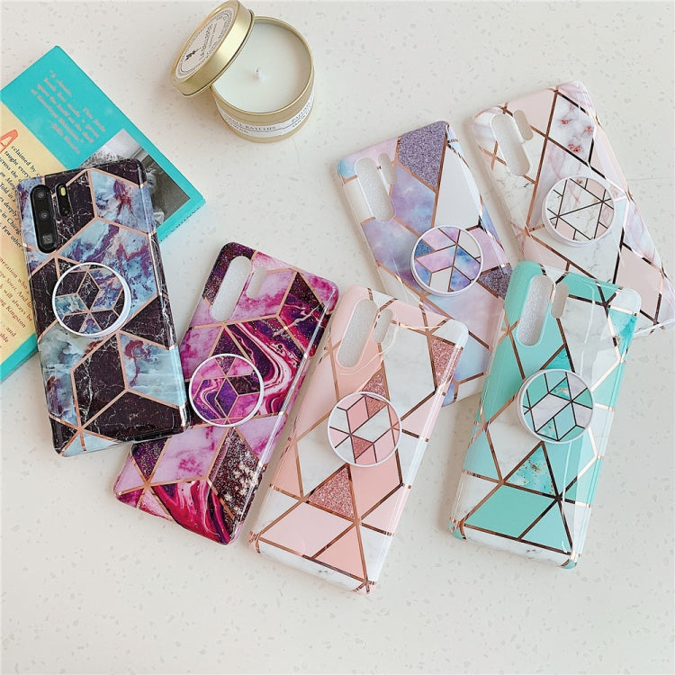 Set of geometric mosaic phone cases with circular ring holders and folding brackets