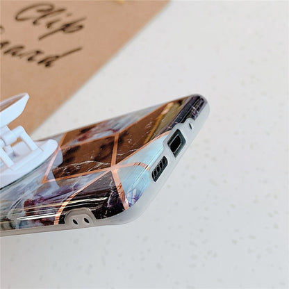 Geometric phone case side view with cutouts and clear folding bracket edge