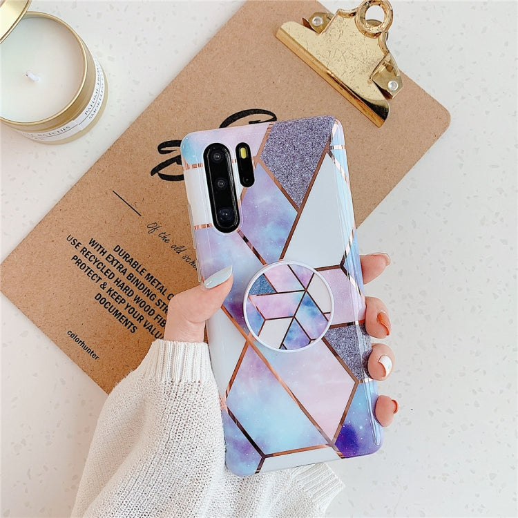 Light blue and purple geometric marble phone case with circular ring holder