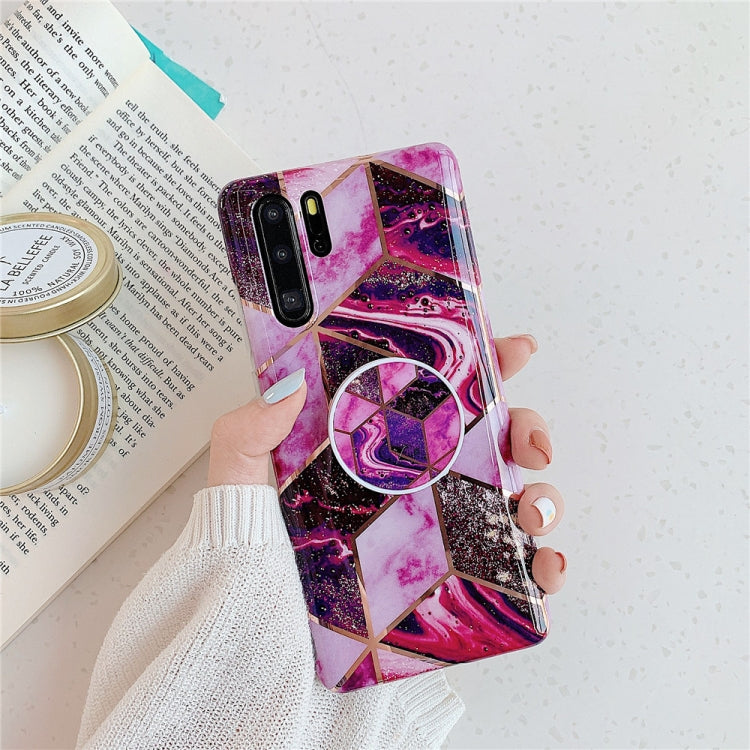 Geometric mosaic TPU phone case with folding stand; pink purple black geometric marble
