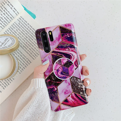 Geometric mosaic TPU phone case with folding stand; pink purple black geometric marble
