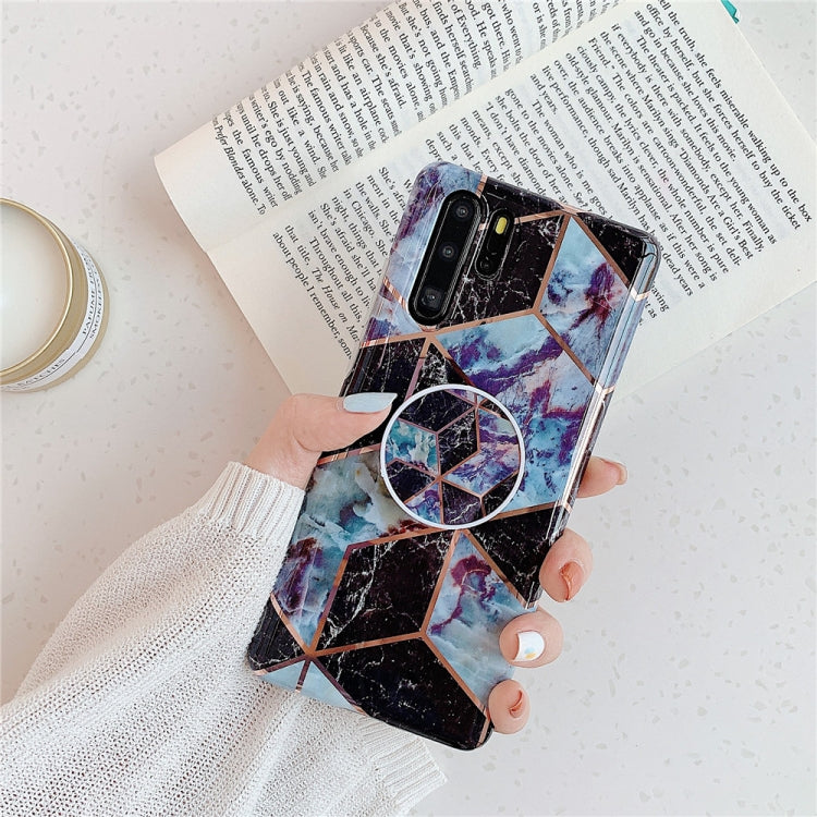 Geometric mosaic TPU phone case with folding stand; blue purple black geometric marble