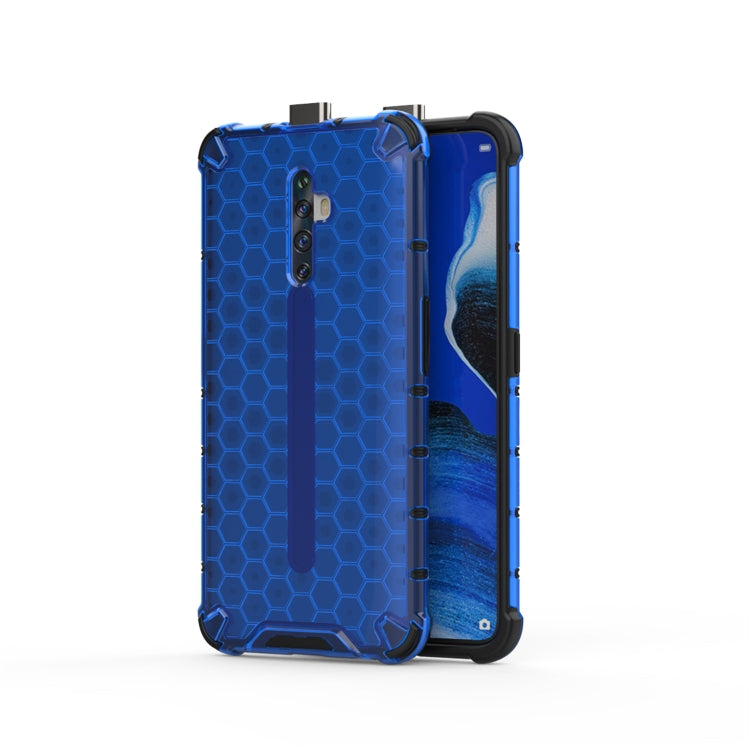 Blue honeycomb shockproof phone case, showing phone front and protective back