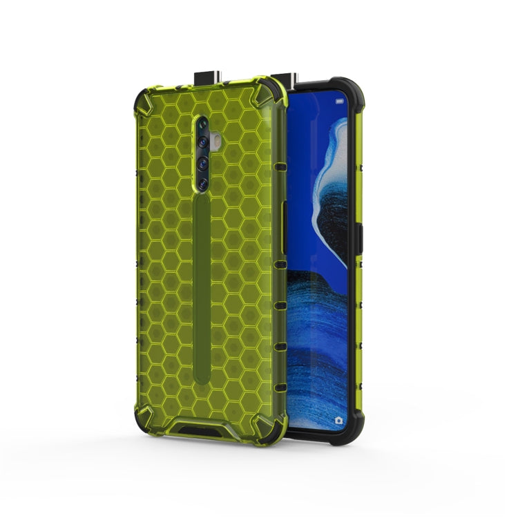 Green honeycomb shockproof phone case, showing back and phone front