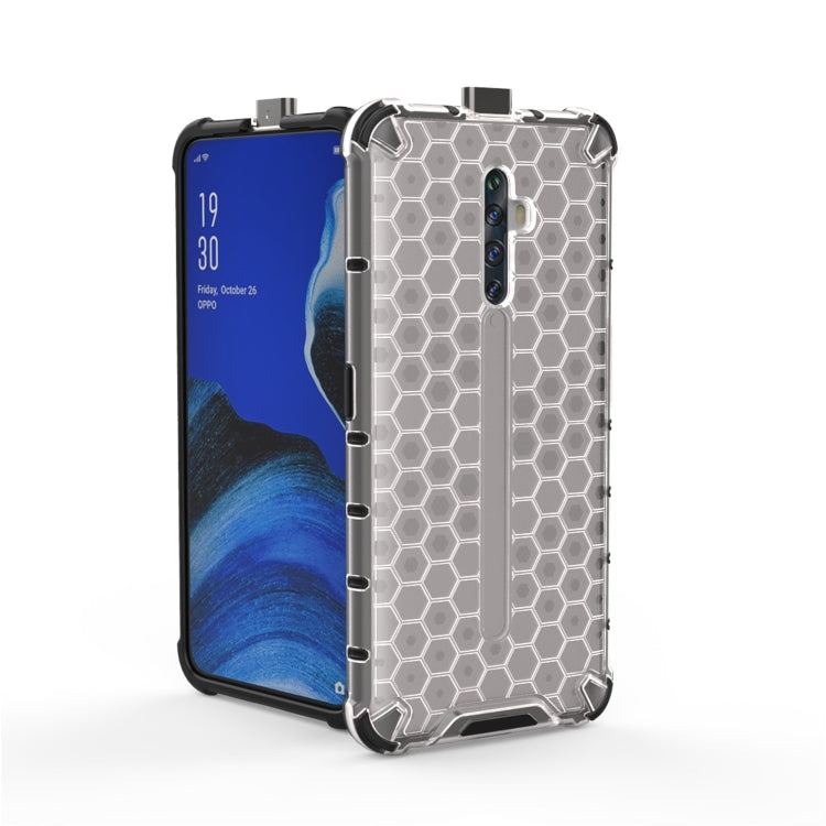 Gray honeycomb shockproof phone case with transparent back, phone shown