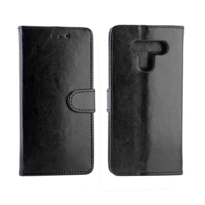 Black leather flip phone case with magnetic flap and side hand strap