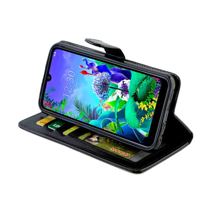 Black leather flip phone case with viewing stand and front cutout opening