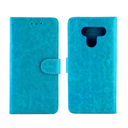Blue leather flip phone case with magnetic flap and phone camera cutout